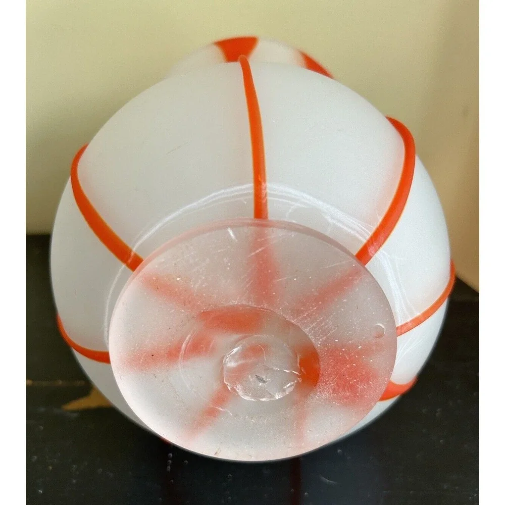 hand Blown Satin Glass With‎ Orange Textured Stripes Vase approx 8-1/2